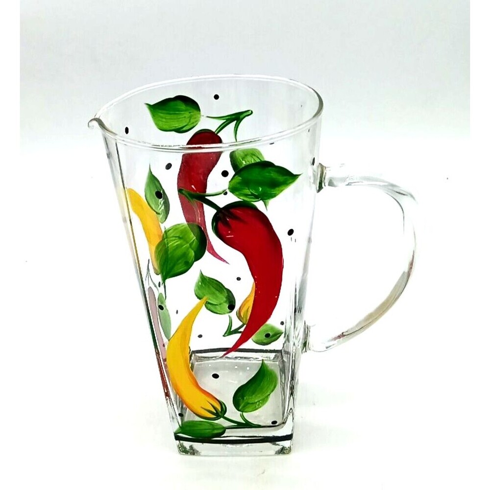 Vintage Hand Painted Chili Peppers Clear Glass 8.5" Water Pitcher